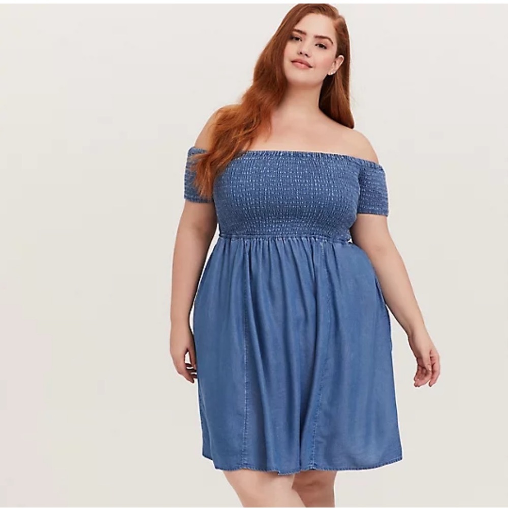 Torrid Blue Chambray Off Shoulder Smocked Skater Dress - Picture 1 of 5